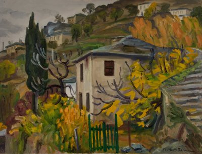 Makrinitsa, House, Yellow Tree, Cobblestone — Oil painting, Canvas, 50.00×65.00cm — Theodoros Markellos